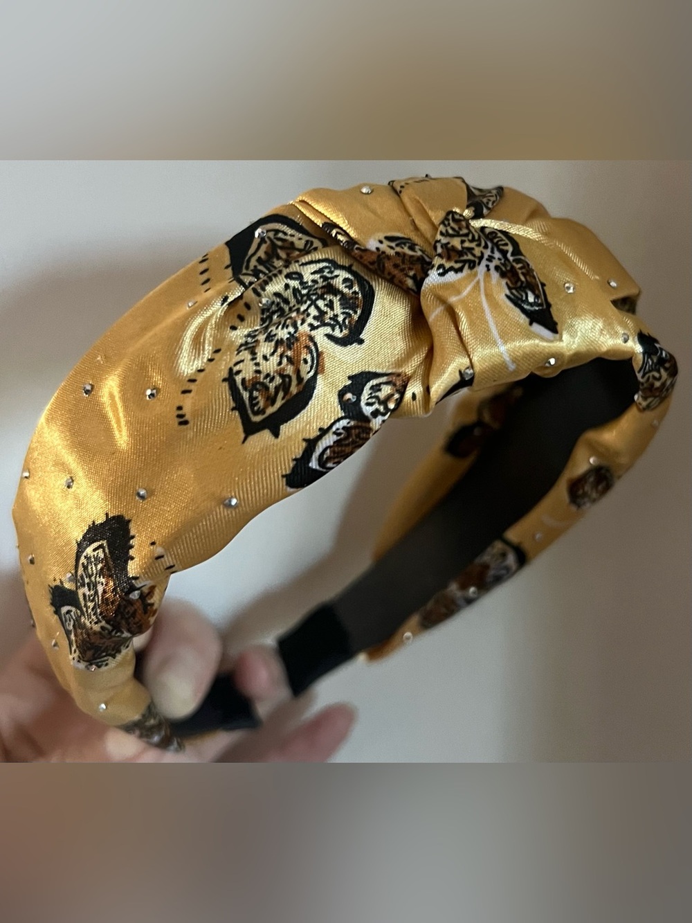 Gold Satin Printed Knot Headband with Rhinestones